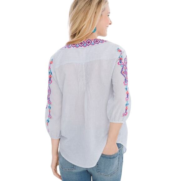 CHICO'S Boho Tassel Gauze Blouse Pinstripe Top Vibrant Relaxed Pleated Red Blue - Picture 2 of 12